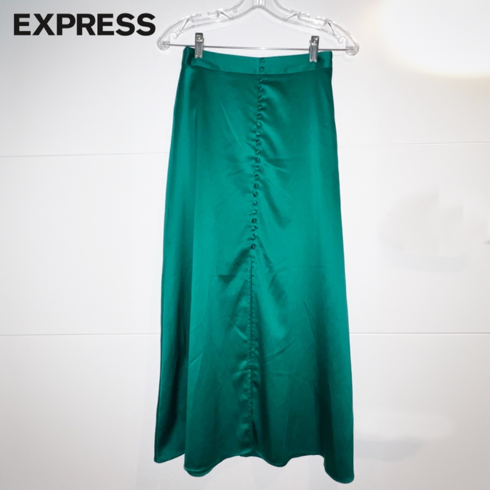 Super High Waisted Silk Open Slit Green Midi Satin Skirt EXPRESS Size XXS